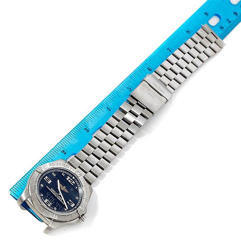 The Breitling Professional Series E79362 Men's Titanium Black Dial E79362 Men's Titanium Black Dial watch is shown from an overhead angle with the face and metal bracelet visible.