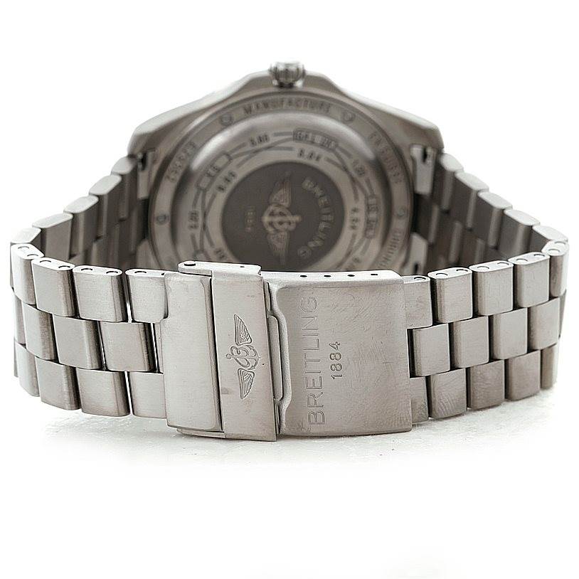 The image shows the back view of a Breitling Professional Series E79362 Men's Titanium Black Dial E79362 Men's Titanium Black Dial watch, highlighting its clasp and bracelet.