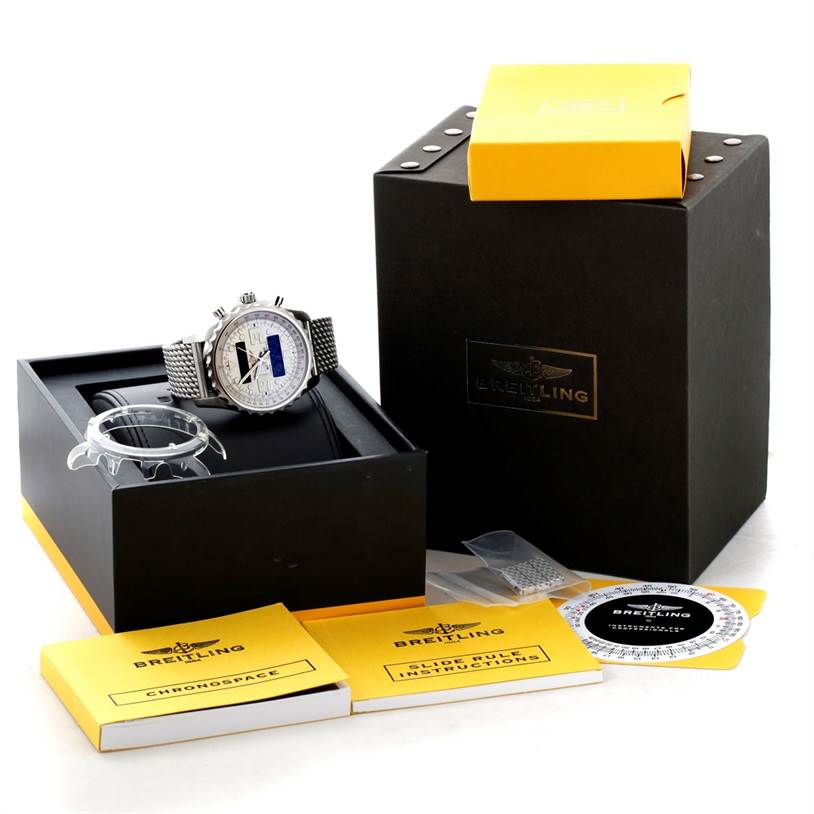 The Breitling Professional Series A78365 Men's Stainless Steel Silver Dial A78365 Men's Stainless Steel Silver Dial watch is shown from a top angle, along with the box, manuals, and additional accessories.