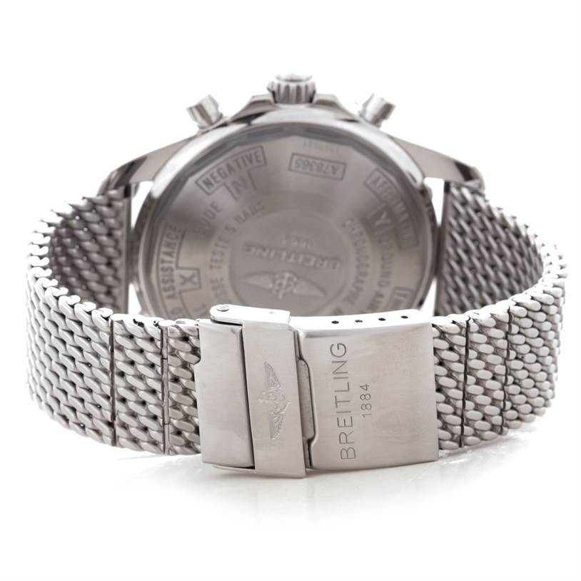 The image shows the back case and metal mesh bracelet of a Breitling Professional Series A78365 Men's Stainless Steel Silver Dial A78365 Men's Stainless Steel Silver Dial watch.