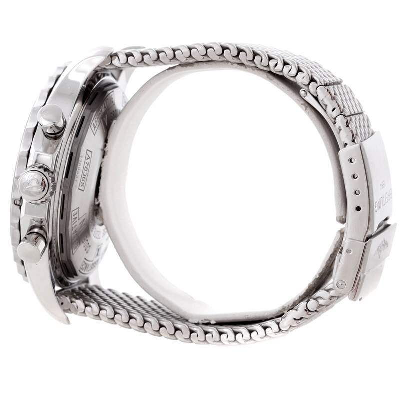 The image shows a side angle of the Professional Series Breitling watch, highlighting its metal strap and side buttons.