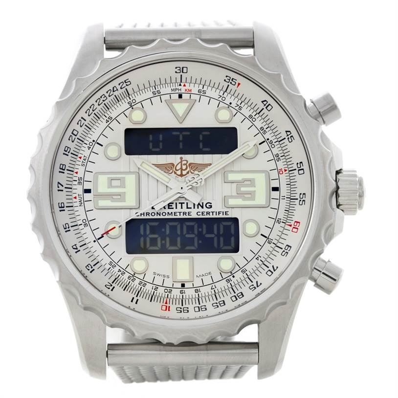 The Breitling Professional Series A78365 Men's Stainless Steel Silver Dial A78365 Men's Stainless Steel Silver Dial watch is shown from a front angle, displaying its digital and analog features.