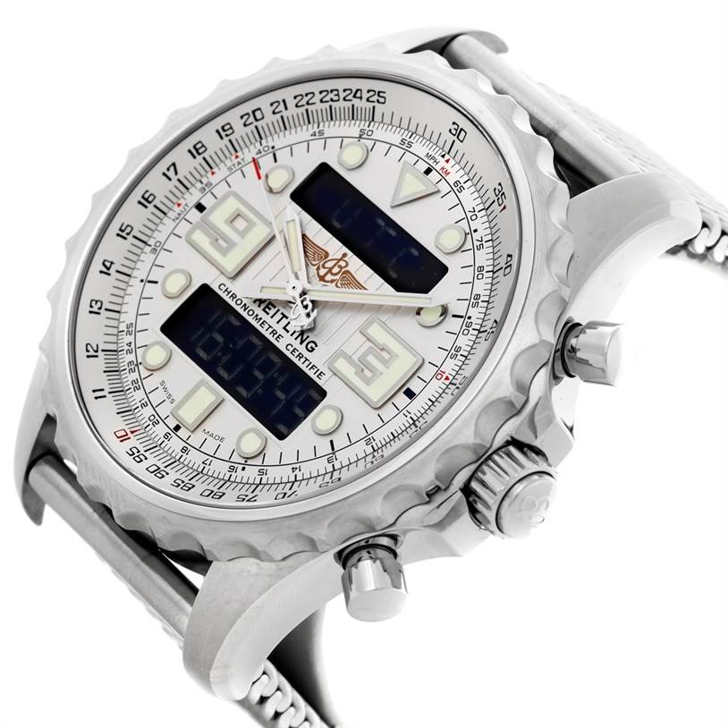 The image shows a side and angled view of the Breitling Professional Series A78365 Men's Stainless Steel Silver Dial A78365 Men's Stainless Steel Silver Dial watch, highlighting its face, bezel, and crown.
