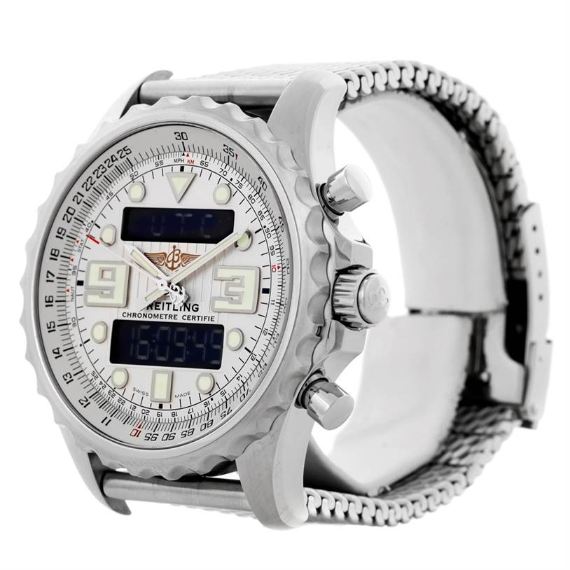 The image shows a side angle of the Breitling Professional Series A78365 Men's Stainless Steel Silver Dial A78365 Men's Stainless Steel Silver Dial watch, highlighting the bezel, dial, buttons, and metal bracelet.