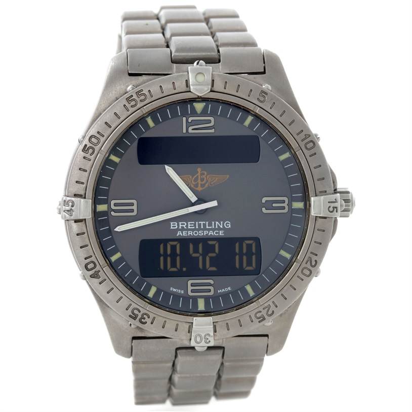 The Breitling Professional Series E56062 Men's Titanium Grey Dial E56062 Men's Titanium Grey Dial watch is shown from the front, displaying the face, bezel, bracelet, and digital screens.