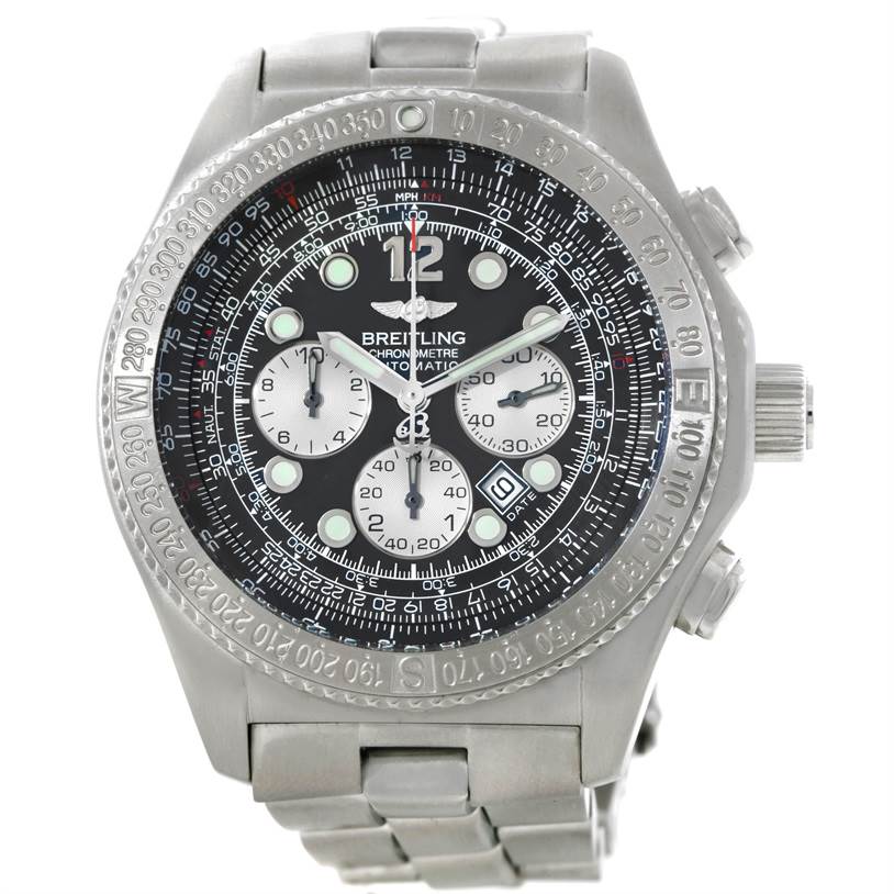 The image shows a front view of the Breitling Professional Series A42362 Men's Stainless Steel Grey Dial A42362 Men's Stainless Steel Grey Dial watch, highlighting its dials, bezel, and metal bracelet.