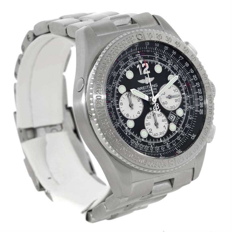 The image shows a Professional Series Breitling watch at a slight angle, highlighting its dial, bezel, and stainless steel bracelet.