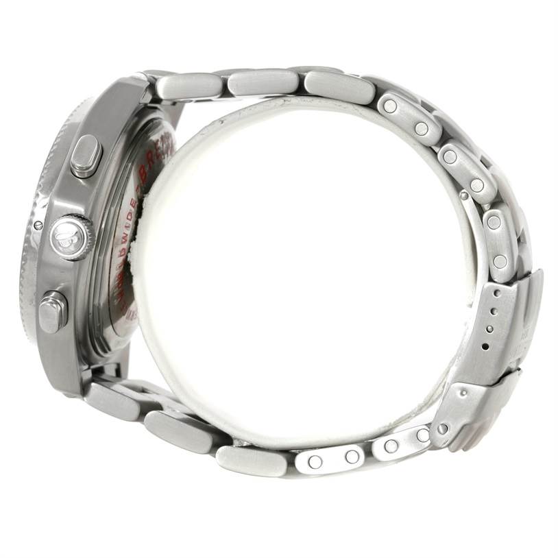 This Breitling Professional Series A42362 Men's Stainless Steel Grey Dial A42362 Men's Stainless Steel Grey Dial watch is shown from the side, displaying the case, crown, and metal bracelet.