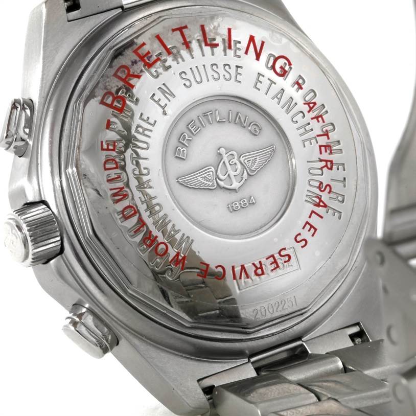 The image shows the back case of a Breitling Professional Series A42362 Men's Stainless Steel Grey Dial A42362 Men's Stainless Steel Grey Dial watch, highlighting the brand engraving and metal bracelet.