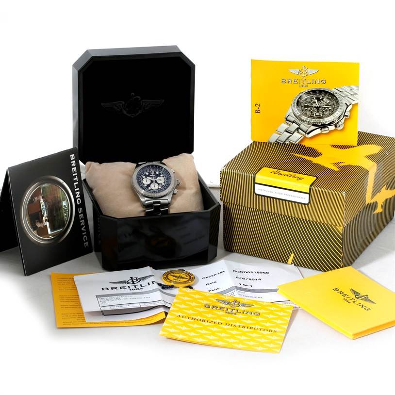 The image shows a Breitling Professional Series A42362 Men's Stainless Steel Grey Dial A42362 Men's Stainless Steel Grey Dial model watch, its box, manuals, and warranty cards from a front angle.
