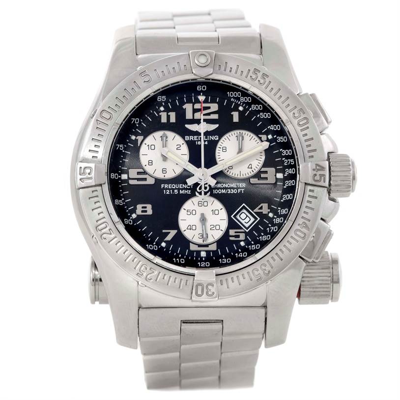 The image shows a front view of a Breitling Professional Series A73322 Men's Stainless Steel Black Dial A73322 Men's Stainless Steel Black Dial watch, highlighting the dial, bezel, and stainless steel bracelet.