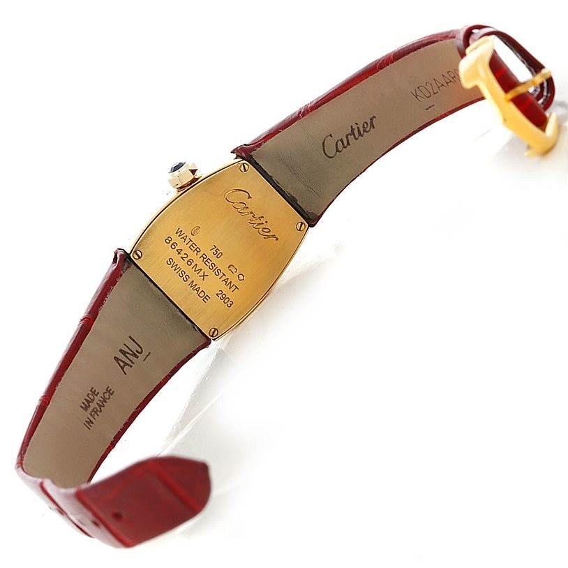 This image shows the back of a La Dona model watch by Cartier, highlighting the case and leather strap.