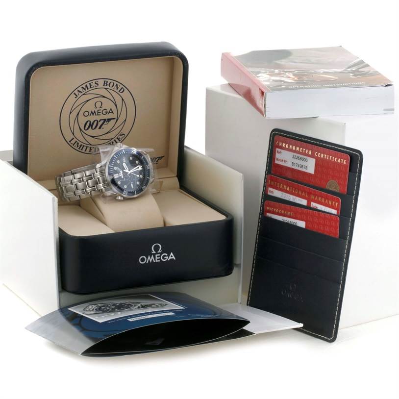 The image shows an Omega Seamaster 2226.80.00 Men
s Stainless Steel Blue Dial 2226.80.00 Men
s Stainless Steel Blue Dial watch in its box with a booklet and warranty cards visible.