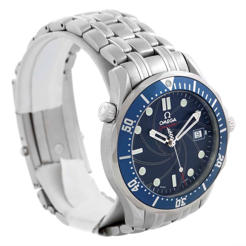 The image shows a side and top view angle of the Omega Seamaster 2226.80.00 Men
s Stainless Steel Blue Dial 2226.80.00 Men
s Stainless Steel Blue Dial watch, highlighting its bezel, dial, and bracelet.