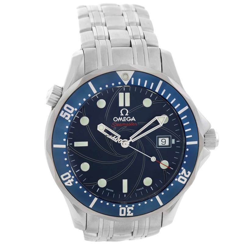The image shows an Omega Seamaster 2226.80.00 Men
s Stainless Steel Blue Dial 2226.80.00 Men
s Stainless Steel Blue Dial watch from a frontal angle, highlighting the dial, bezel, crown, and bracelet.