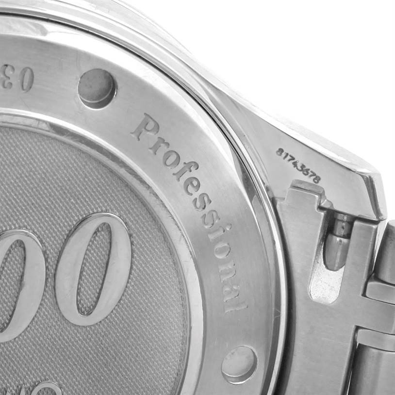 This image shows the case back and part of the bracelet of an Omega Seamaster 2226.80.00 Men
s Stainless Steel Blue Dial 2226.80.00 Men
s Stainless Steel Blue Dial Professional watch.