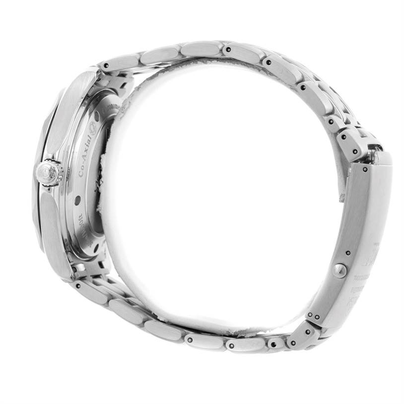 The image shows a side profile of the Omega Seamaster 2226.80.00 Men
s Stainless Steel Blue Dial 2226.80.00 Men
s Stainless Steel Blue Dial watch, highlighting the case thickness, crown, and metal bracelet.