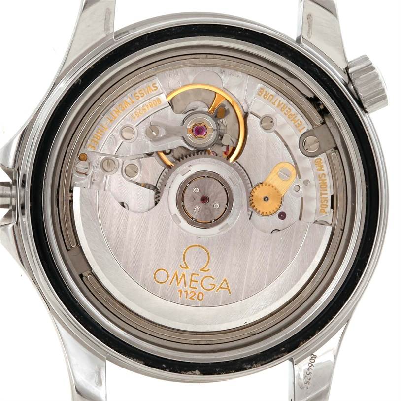 The image shows the back of an Omega Seamaster 2551.80.00 Men
s Stainless Steel Blue Dial 2551.80.00 Men
s Stainless Steel Blue Dial watch, showcasing its 1120 movement.