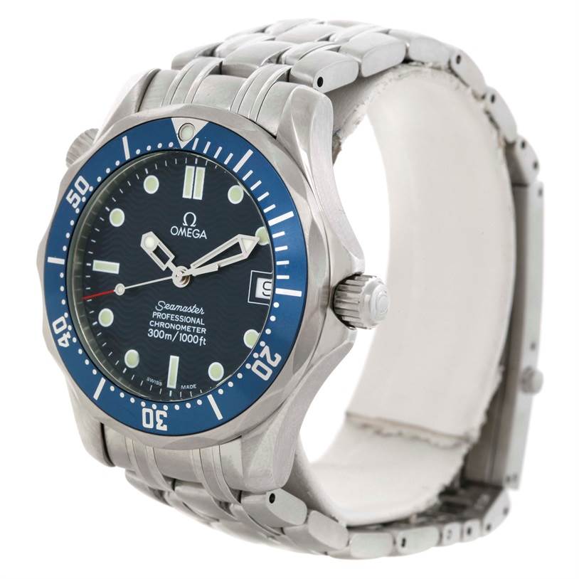 The Omega Seamaster 2551.80.00 Men
s Stainless Steel Blue Dial 2551.80.00 Men
s Stainless Steel Blue Dial watch is shown from an angled front view displaying the face, bezel, crown, and metal bracelet.