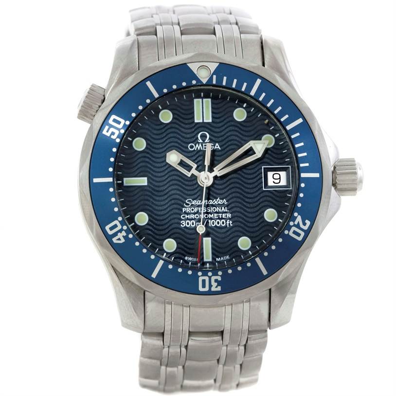 The Omega Seamaster 2551.80.00 Men
s Stainless Steel Blue Dial 2551.80.00 Men
s Stainless Steel Blue Dial watch is shown from a front angle, displaying its face, bezel, and stainless steel bracelet.