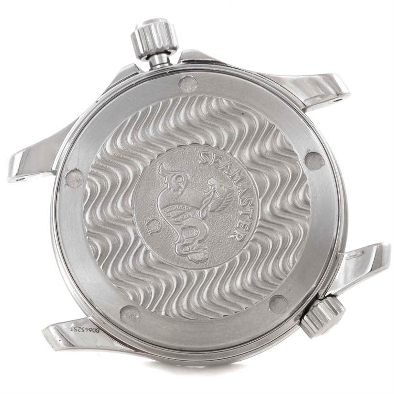 The image shows the back case of an Omega Seamaster 2551.80.00 Men
s Stainless Steel Blue Dial 2551.80.00 Men
s Stainless Steel Blue Dial watch, with visible lugs and crown.