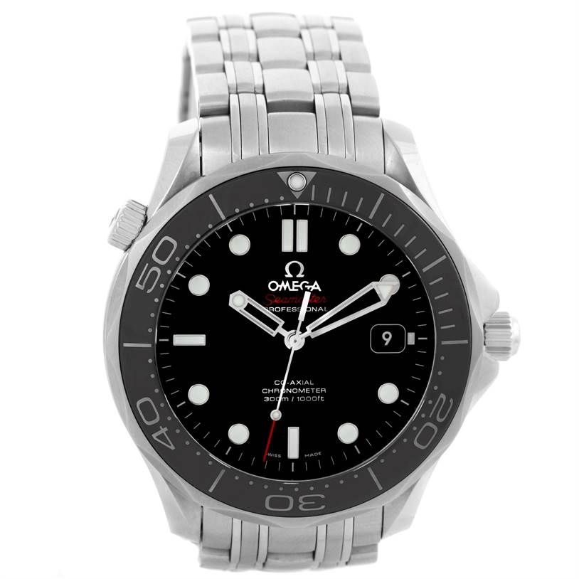 The Omega Seamaster 212.30.41.20.01.002 Men
s Stainless Steel Black Dial 212.30.41.20.01.002 Men
s Stainless Steel Black Dial watch is shown from a front angle, highlighting its black dial, bezel, and metal bracelet.