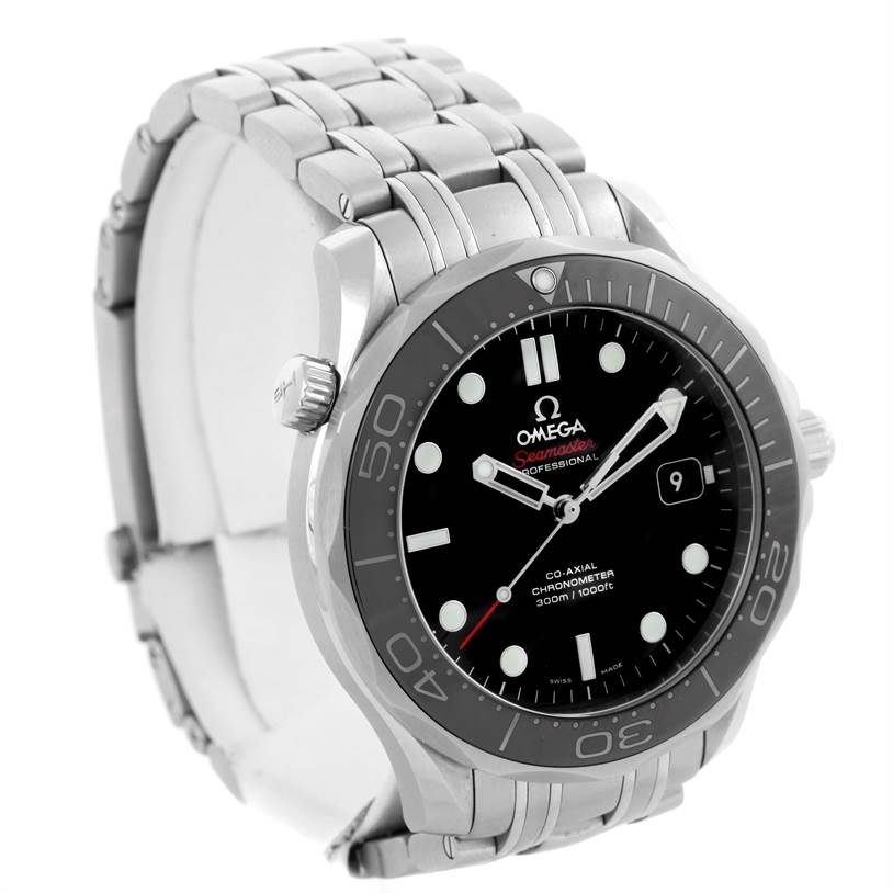 The image shows an Omega Seamaster 212.30.41.20.01.002 Men
s Stainless Steel Black Dial 212.30.41.20.01.002 Men
s Stainless Steel Black Dial watch at a slight angle, highlighting the dial, bezel, crown, and metal bracelet.