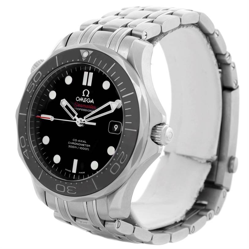 The Omega Seamaster 212.30.41.20.01.002 Men
s Stainless Steel Black Dial 212.30.41.20.01.002 Men
s Stainless Steel Black Dial watch is shown from a front-left angle, highlighting the bezel, dial, crown, and bracelet.