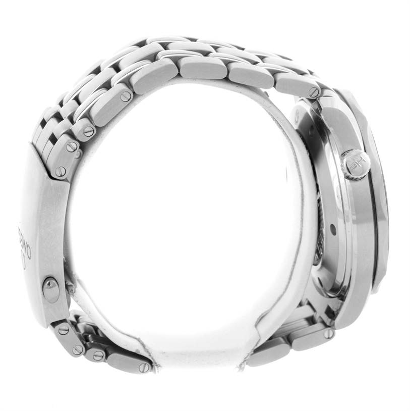 The image shows a side view of an Omega Seamaster 212.30.41.20.01.002 Men
s Stainless Steel Black Dial 212.30.41.20.01.002 Men
s Stainless Steel Black Dial watch, highlighting its metal bracelet and crown.