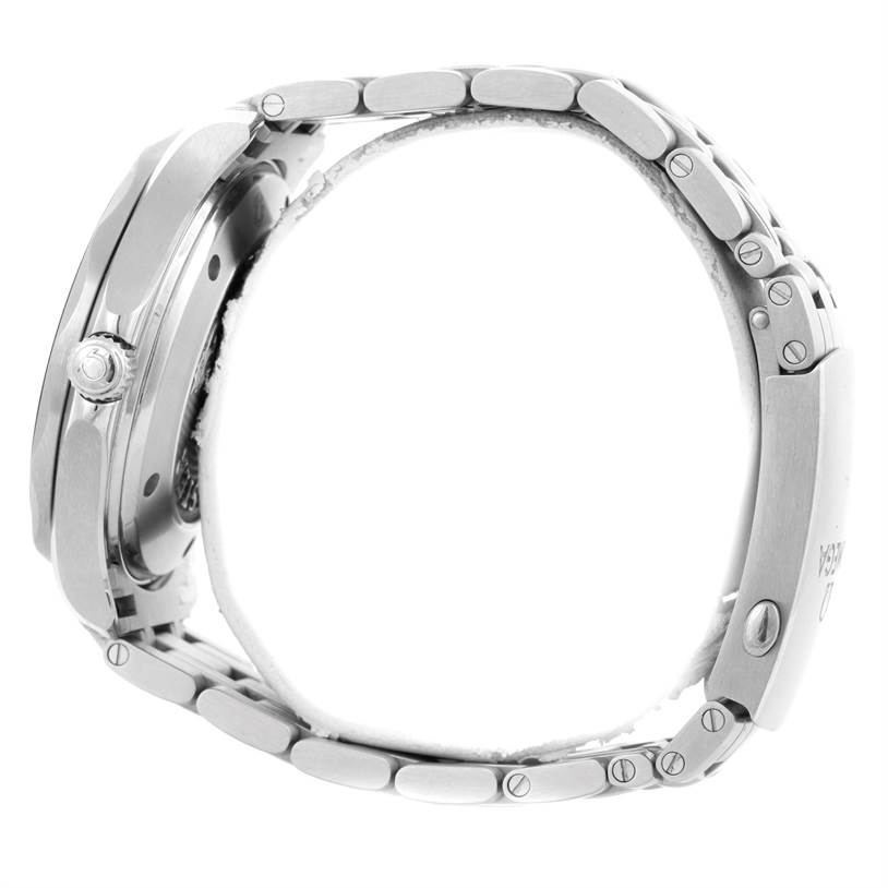 The image shows a side view of the Omega Seamaster 212.30.41.20.01.002 Men
s Stainless Steel Black Dial 212.30.41.20.01.002 Men
s Stainless Steel Black Dial watch, highlighting the case, crown, and metal bracelet.