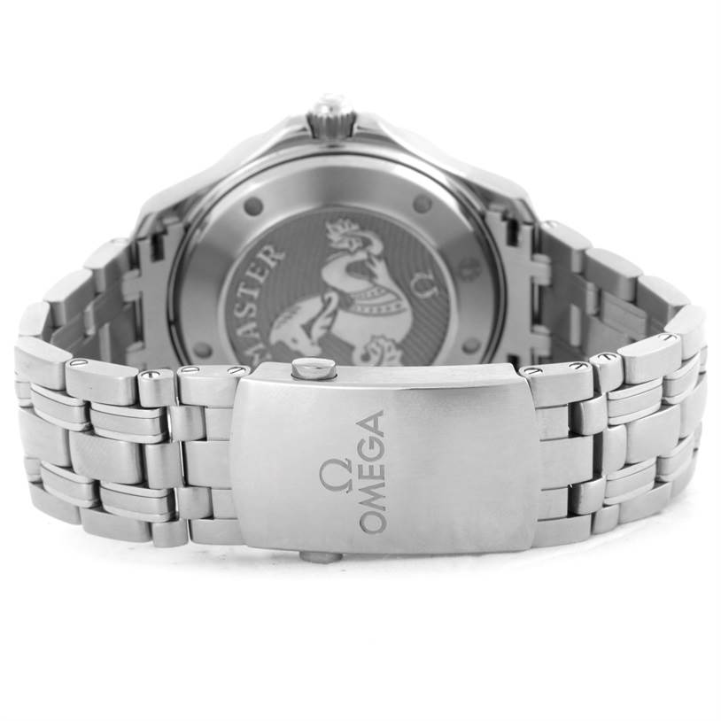 This image shows the back of the Omega Seamaster 212.30.41.20.01.002 Men
s Stainless Steel Black Dial 212.30.41.20.01.002 Men
s Stainless Steel Black Dial watch, including the case back and the clasp of the metal bracelet.