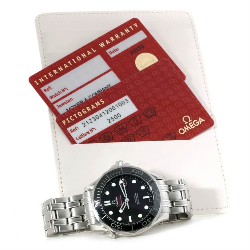 The image shows an Omega Seamaster 212.30.41.20.01.002 Men
s Stainless Steel Black Dial 212.30.41.20.01.002 Men
s Stainless Steel Black Dial watch from an angled top view, along with its international warranty and pictograms cards.
