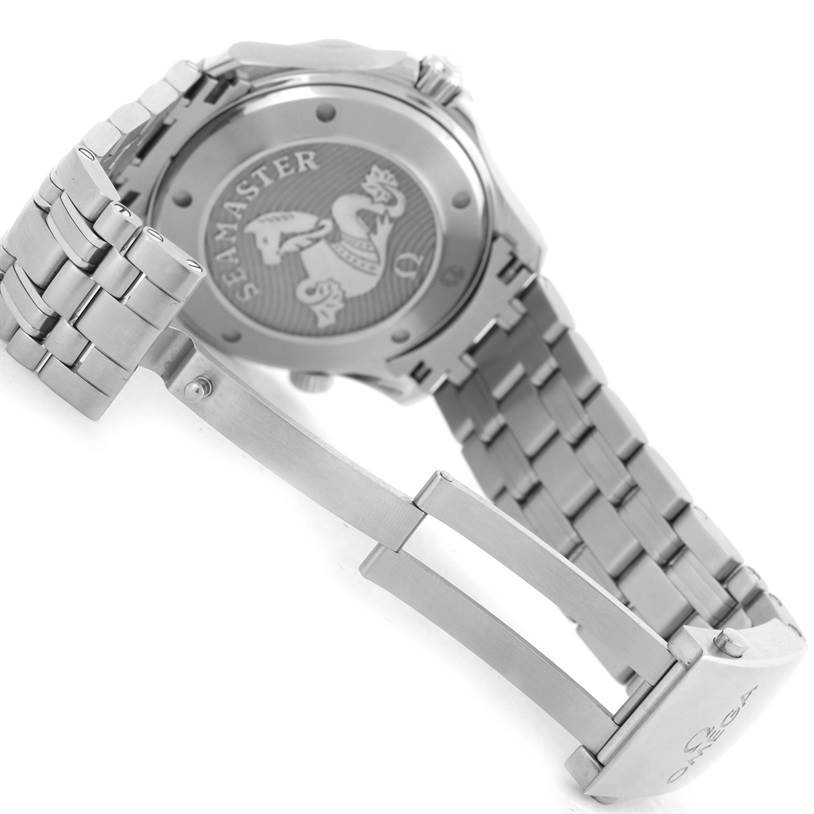 The image shows the back case and partially open clasp of the Omega Seamaster 212.30.41.20.01.002 Men
s Stainless Steel Black Dial 212.30.41.20.01.002 Men
s Stainless Steel Black Dial watch from a diagonal angle.