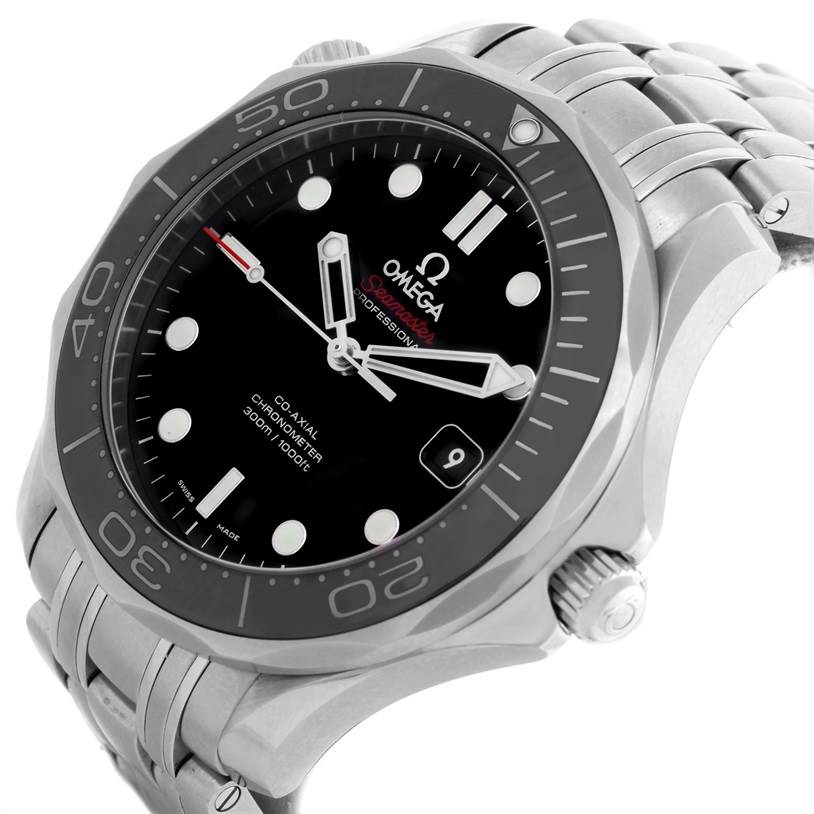 The Omega Seamaster 212.30.41.20.01.002 Men
s Stainless Steel Black Dial 212.30.41.20.01.002 Men
s Stainless Steel Black Dial watch is shown at an angled perspective, highlighting the face, bezel, and metal bracelet.