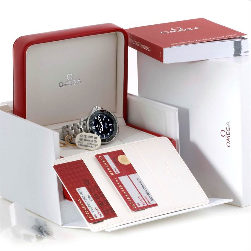 The image shows an Omega Seamaster 212.30.41.20.01.002 Men
s Stainless Steel Black Dial 212.30.41.20.01.002 Men
s Stainless Steel Black Dial watch in its box, accompanied by warranty cards and an instruction manual.