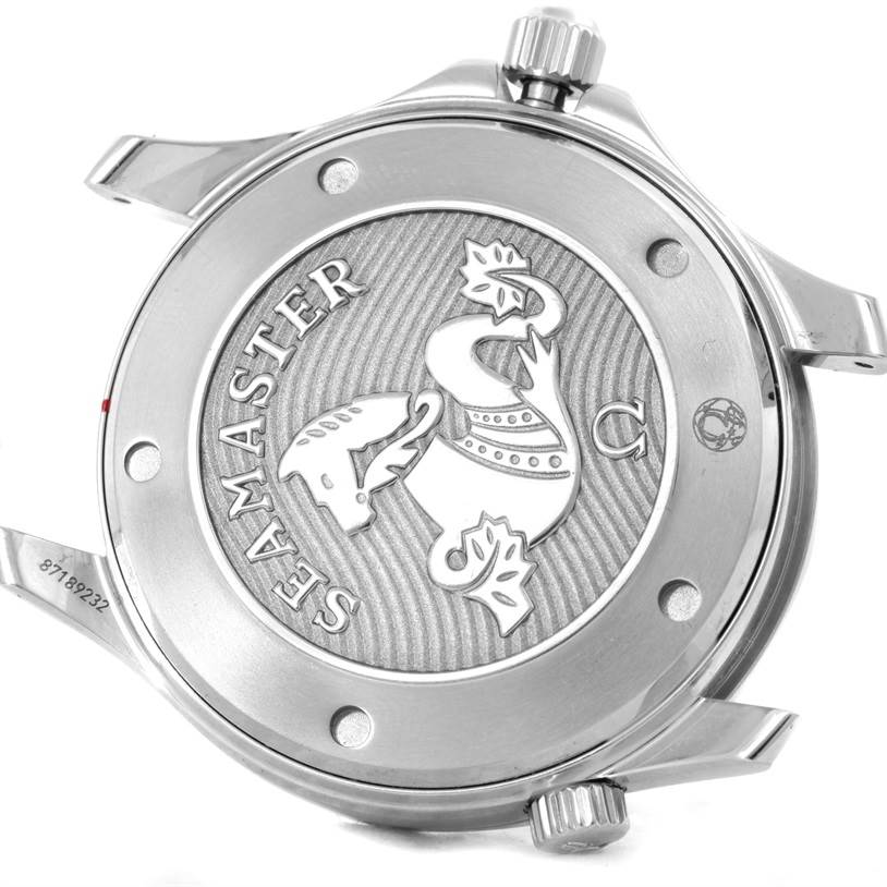 This is an image of the back case of an Omega Seamaster 212.30.41.20.01.002 Men
s Stainless Steel Black Dial 212.30.41.20.01.002 Men
s Stainless Steel Black Dial watch, showcasing its engraved design and crown.