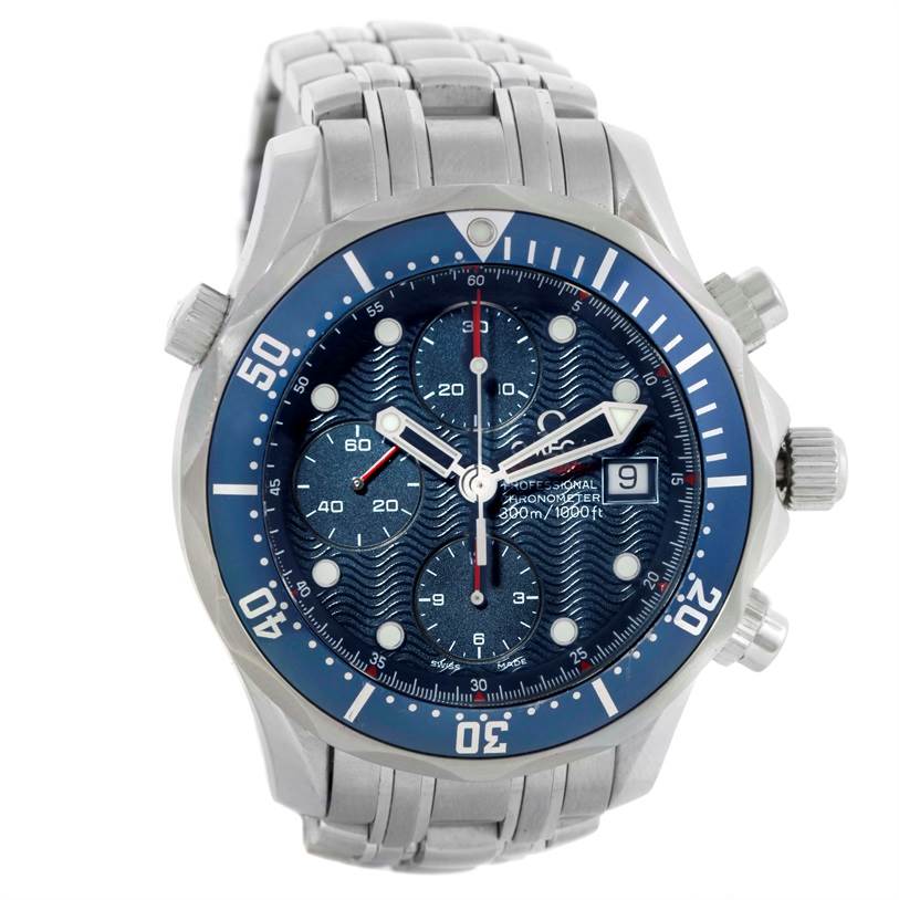 The image shows a front view of the Omega Seamaster 2225.80.00 Men
s Stainless Steel Blue Dial 2225.80.00 Men
s Stainless Steel Blue Dial watch, displaying its dial, bezel, crown, and bracelet.