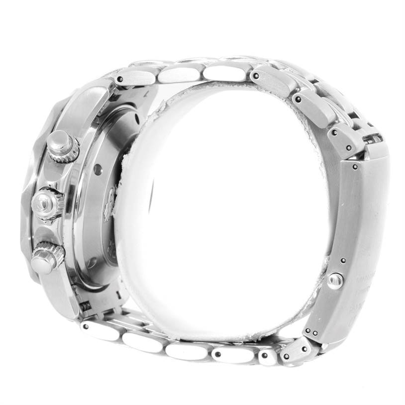 The Omega Seamaster 2225.80.00 Men
s Stainless Steel Blue Dial 2225.80.00 Men
s Stainless Steel Blue Dial watch is shown from a side angle, highlighting its crown, pushers, and metal bracelet.