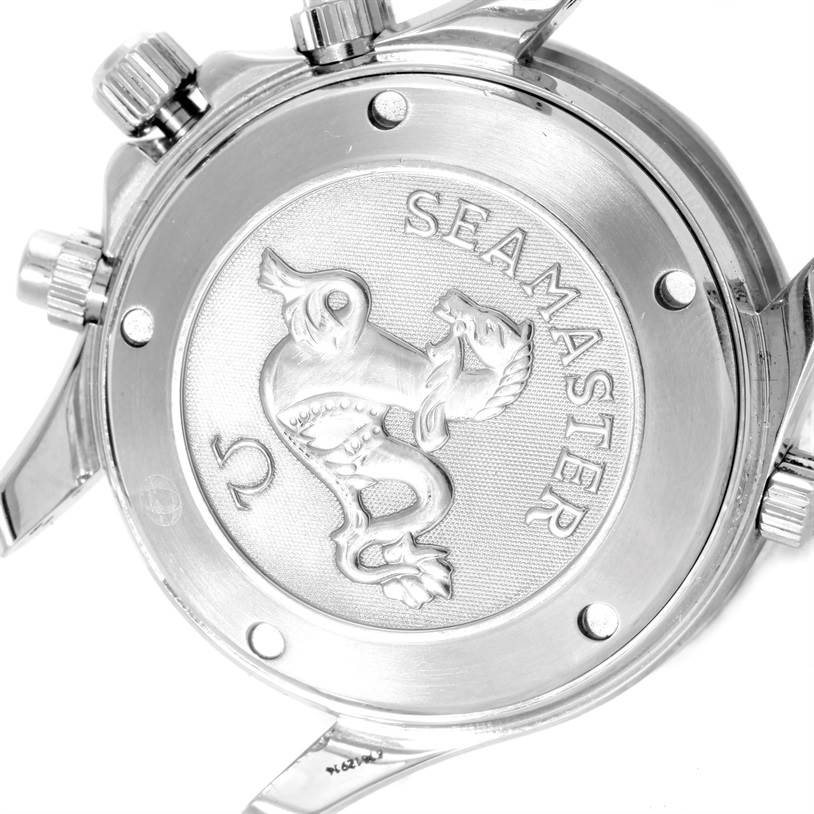 The image shows the back case of the Omega Seamaster 2225.80.00 Men
s Stainless Steel Blue Dial 2225.80.00 Men
s Stainless Steel Blue Dial watch, highlighting its engraved emblem and branding.