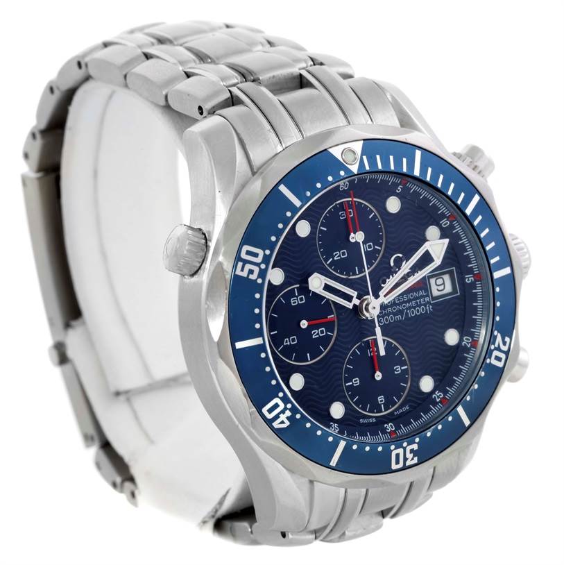 The image shows a side and frontal view of the Omega Seamaster 2225.80.00 Men
s Stainless Steel Blue Dial 2225.80.00 Men
s Stainless Steel Blue Dial watch, highlighting the face, bezel, crown, and bracelet.