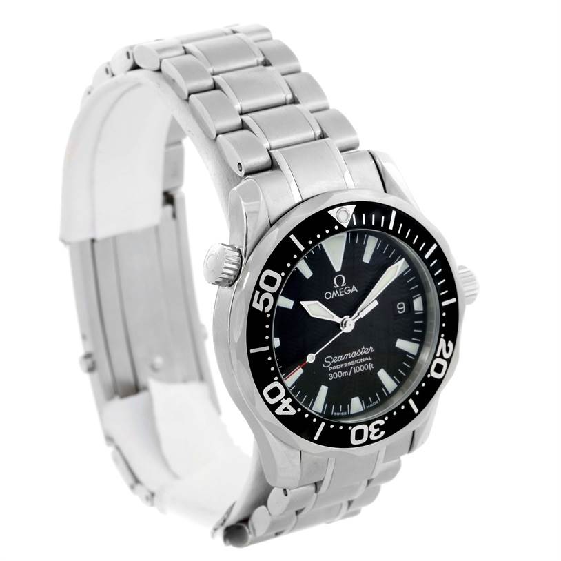 The image shows an Omega Seamaster 2262.50.00 Men
s Stainless Steel Black Dial 2262.50.00 Men
s Stainless Steel Black Dial watch at a 3/4 angle, displaying the dial, bezel, crown, and metal bracelet.