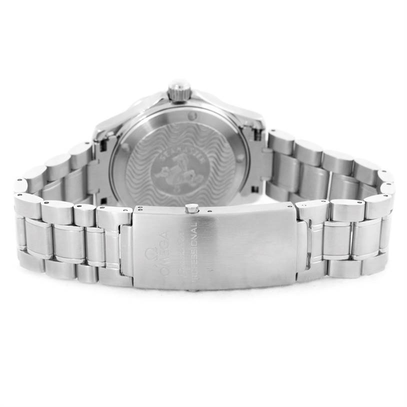 The Omega Seamaster 2262.50.00 Men
s Stainless Steel Black Dial 2262.50.00 Men
s Stainless Steel Black Dial watch is shown from the back angle, highlighting the clasp and case back.