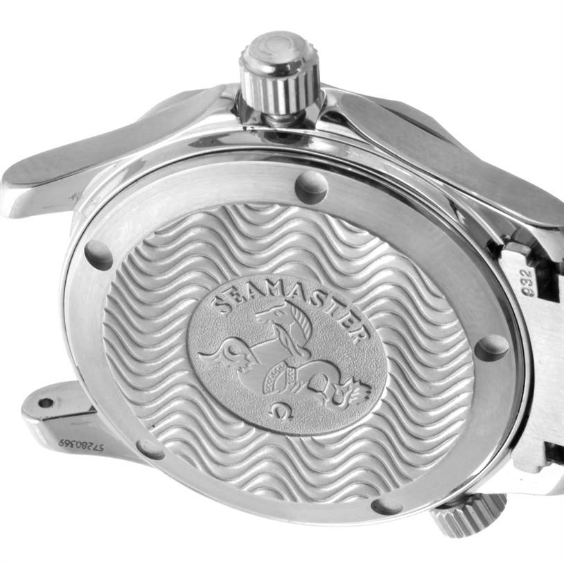 The image shows the back case and crown of the Omega Seamaster 2262.50.00 Men
s Stainless Steel Black Dial 2262.50.00 Men
s Stainless Steel Black Dial watch viewed from an angle facing the case back.