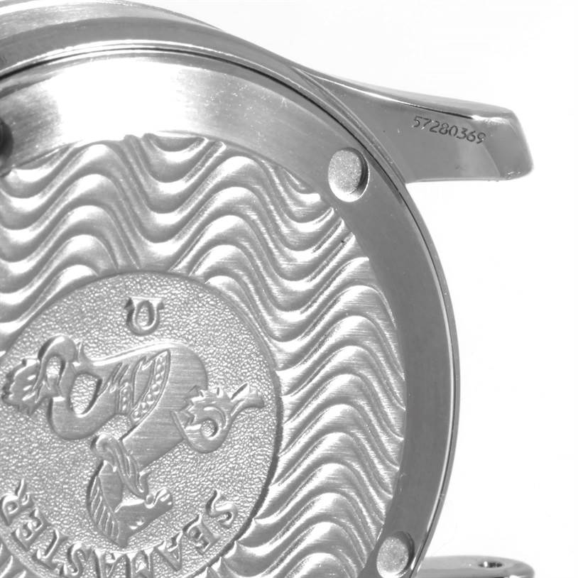 The image shows the back case of the Omega Seamaster 2262.50.00 Men
s Stainless Steel Black Dial 2262.50.00 Men
s Stainless Steel Black Dial watch from an angled view, highlighting its engraving and serial number.