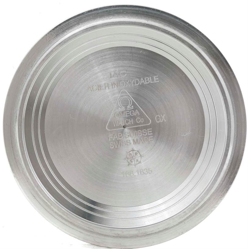 This image shows the inside of an Omega Seamaster 212.30.41.20.01.001 Men
s Stainless Steel Black Dial 212.30.41.20.01.001 Men
s Stainless Steel Black Dial watch case back, including engravings and logos.