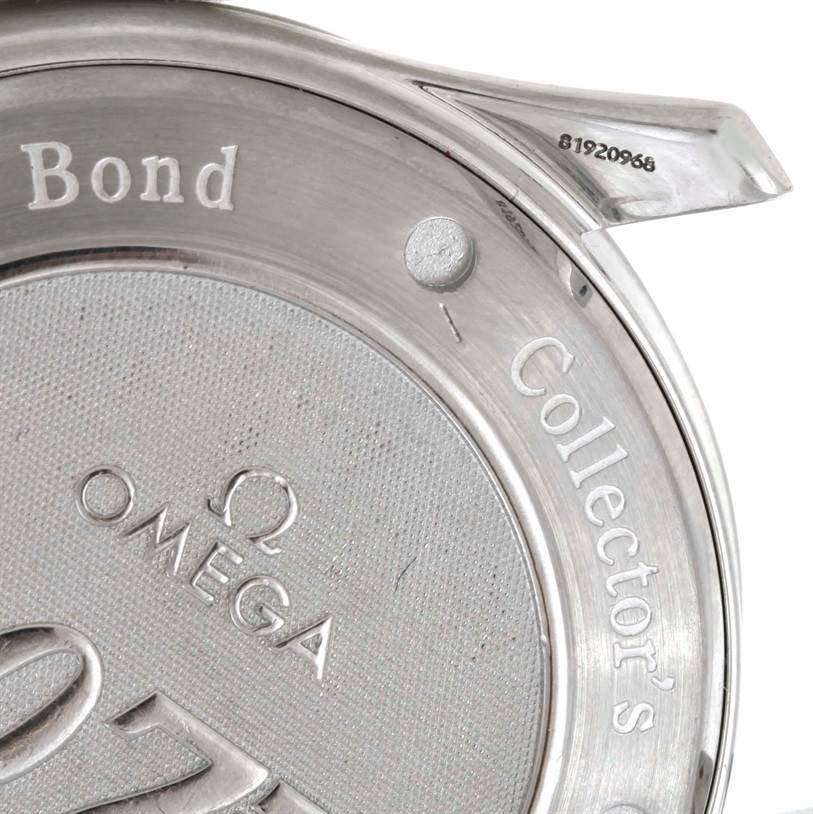 The image shows the back case of an Omega Seamaster 212.30.41.20.01.001 Men
s Stainless Steel Black Dial 212.30.41.20.01.001 Men
s Stainless Steel Black Dial watch, specifically a Collector
s Edition with "Bond" engraving.