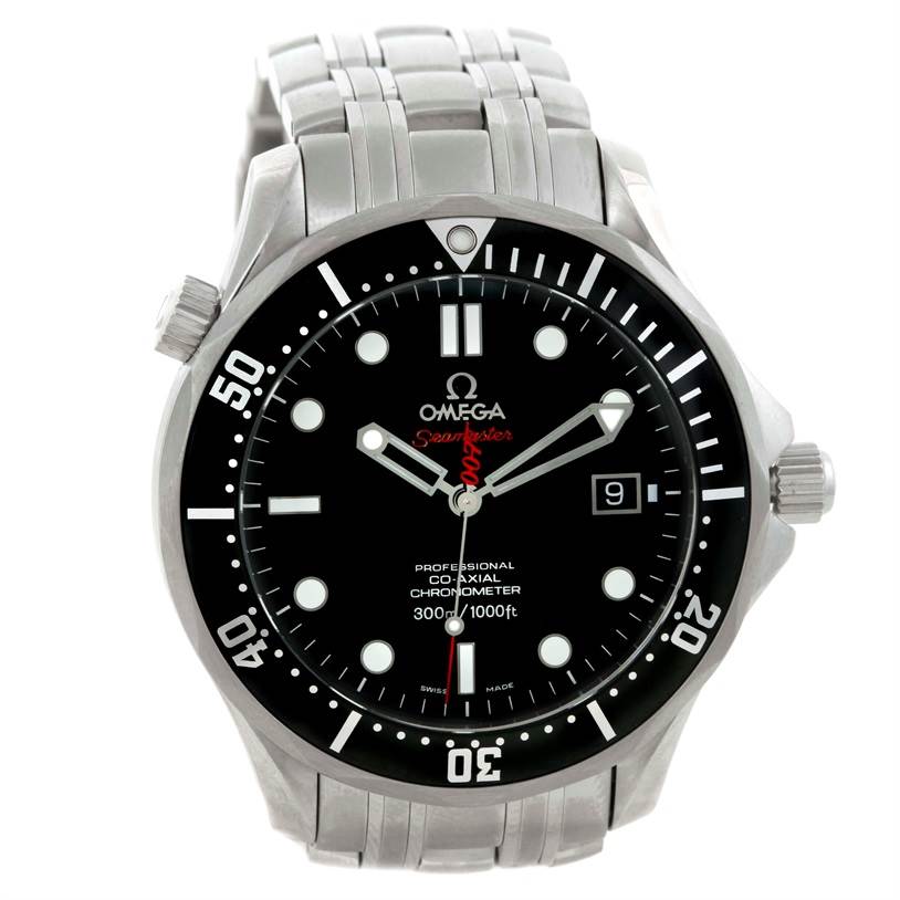 The image shows a front view of the Omega Seamaster 212.30.41.20.01.001 Men
s Stainless Steel Black Dial 212.30.41.20.01.001 Men
s Stainless Steel Black Dial watch, highlighting its black dial, rotating bezel, and stainless steel bracelet.