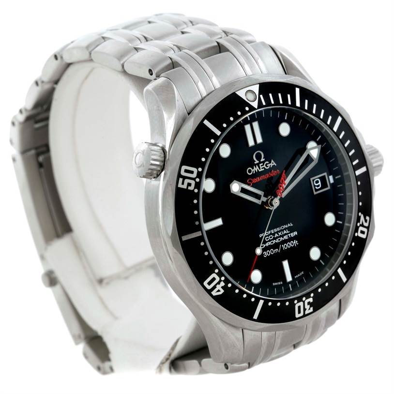 The image shows the Omega Seamaster 212.30.41.20.01.001 Men
s Stainless Steel Black Dial 212.30.41.20.01.001 Men
s Stainless Steel Black Dial watch at a front-left angle, highlighting its dial, bezel, bracelet, and side crown.