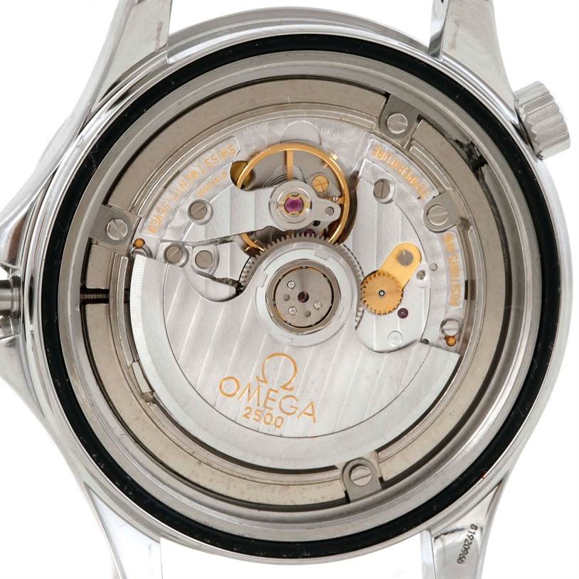 This image shows the back view of the Omega Seamaster 212.30.41.20.01.001 Men
s Stainless Steel Black Dial 212.30.41.20.01.001 Men
s Stainless Steel Black Dial watch, highlighting its exposed movement and inner mechanisms.