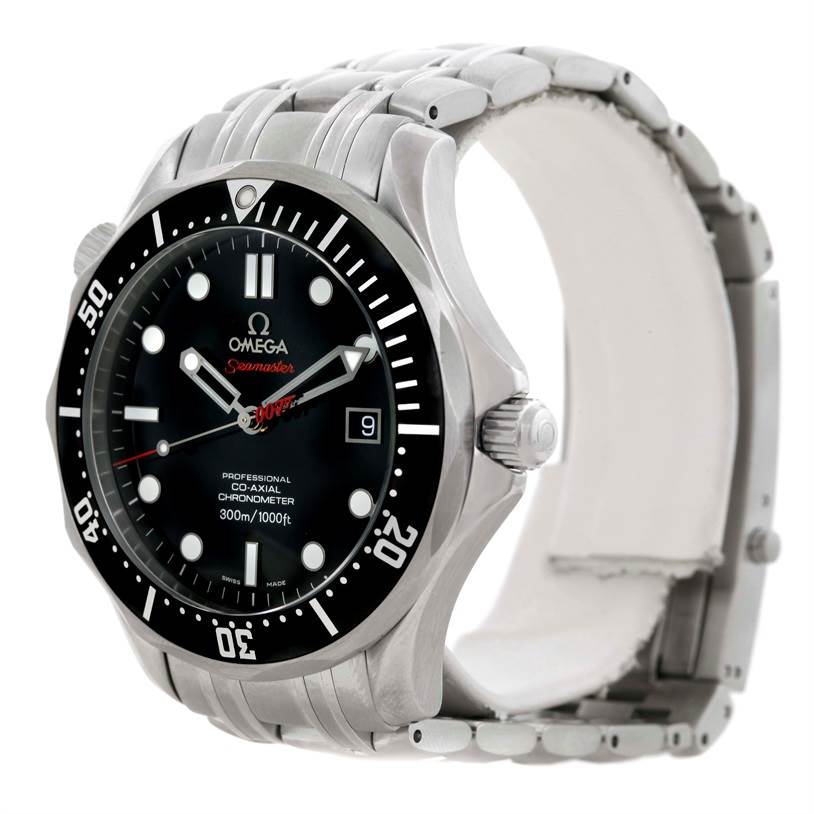 The image shows an angled view of an Omega Seamaster 212.30.41.20.01.001 Men
s Stainless Steel Black Dial 212.30.41.20.01.001 Men
s Stainless Steel Black Dial watch, displaying the face, bezel, crown, and part of the strap.